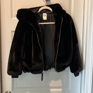 Gap xs faux fur black hooded bomber jacket